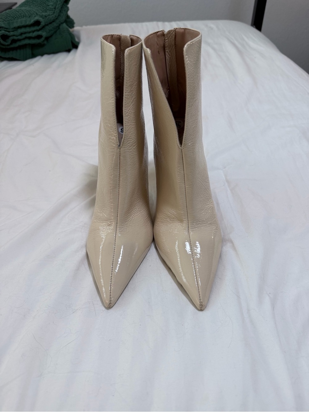 Women's Cream Patent Pointed-Toe Ankle Boots